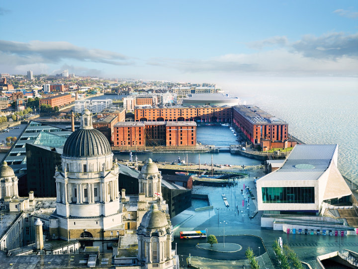 An aerial view of the Port of Liverpool building, the Liverpool Museum and the Albert Dock