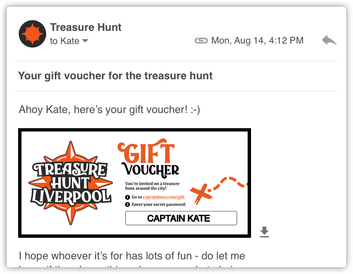 A screenshot of an email containing a digital gift voucher for Treasure Hunt Liverpool.