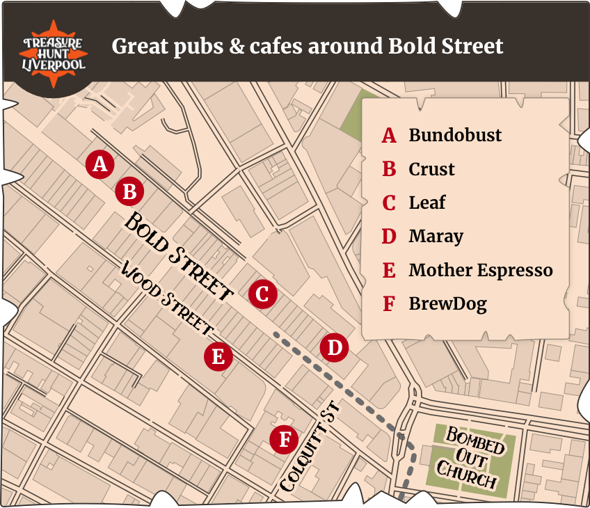 A map showing some great pubs and cafes near Bold Street, Liverpool